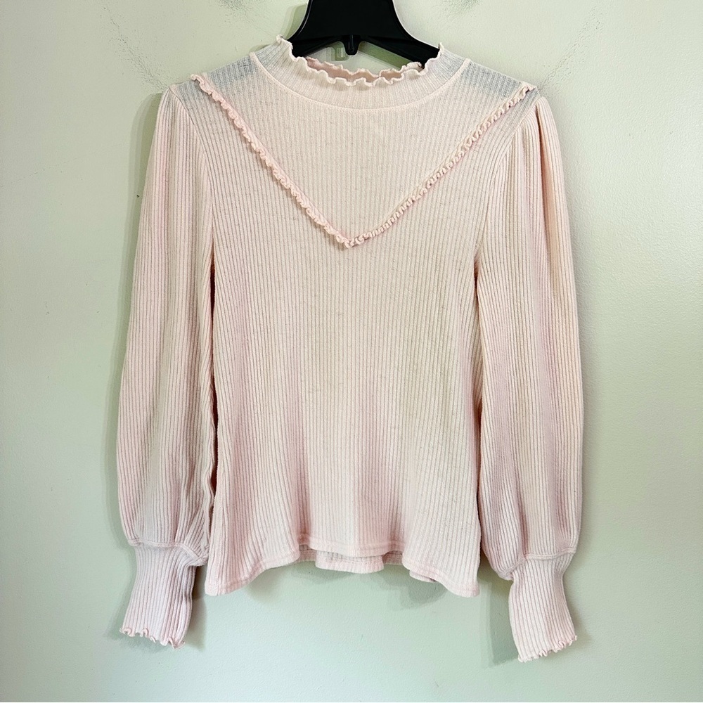 Free People Love Struck Ruffle Puff Sleeve Cotton Ribbed Knit Turtleneck Top M